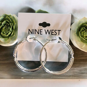 Nine West Silver Tone Crystal Rhinestone Paperclip Hoop Earrings NWT